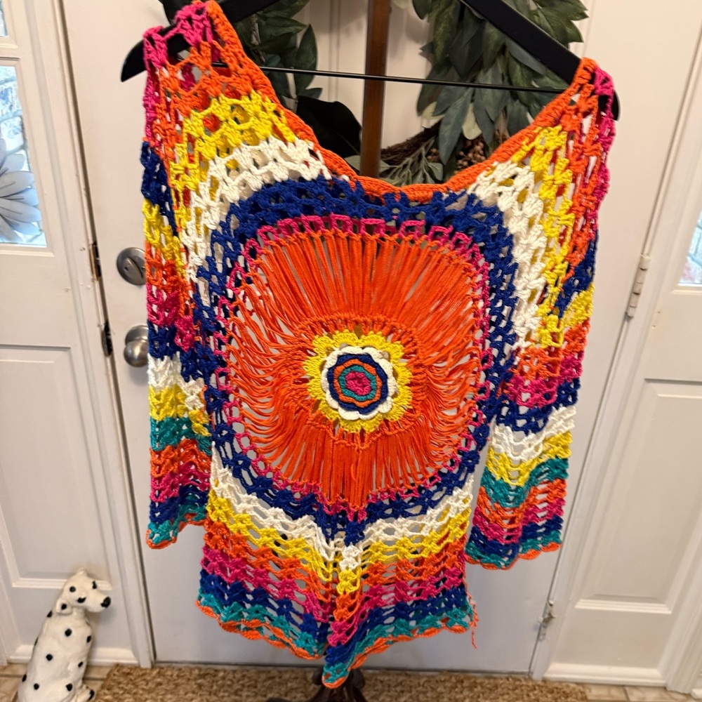 Colorful Boho Hippie Crocheted Open Knit Top Coverup Topper S M - Picture 2 of 7